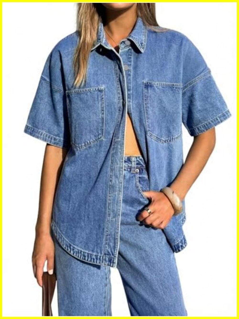 Oversized Distressed Denim Button Down Shirt, Chambray Shacket, Short Sleeve,